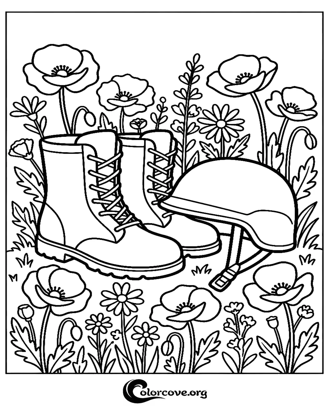 Honor our heroes with this beautiful printable coloring page featuring military gear nestled in a peaceful field of flowers. Download and print this high-quality coloring sheet for free in seconds.