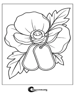 A beautiful black and white line art drawing of a poppy flower intertwined with military dog tags for Memorial Day or Veterans Day coloring activities.