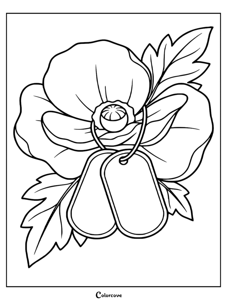A Memorial Day coloring page featuring a large poppy flower with two military dog tags hanging from the center.