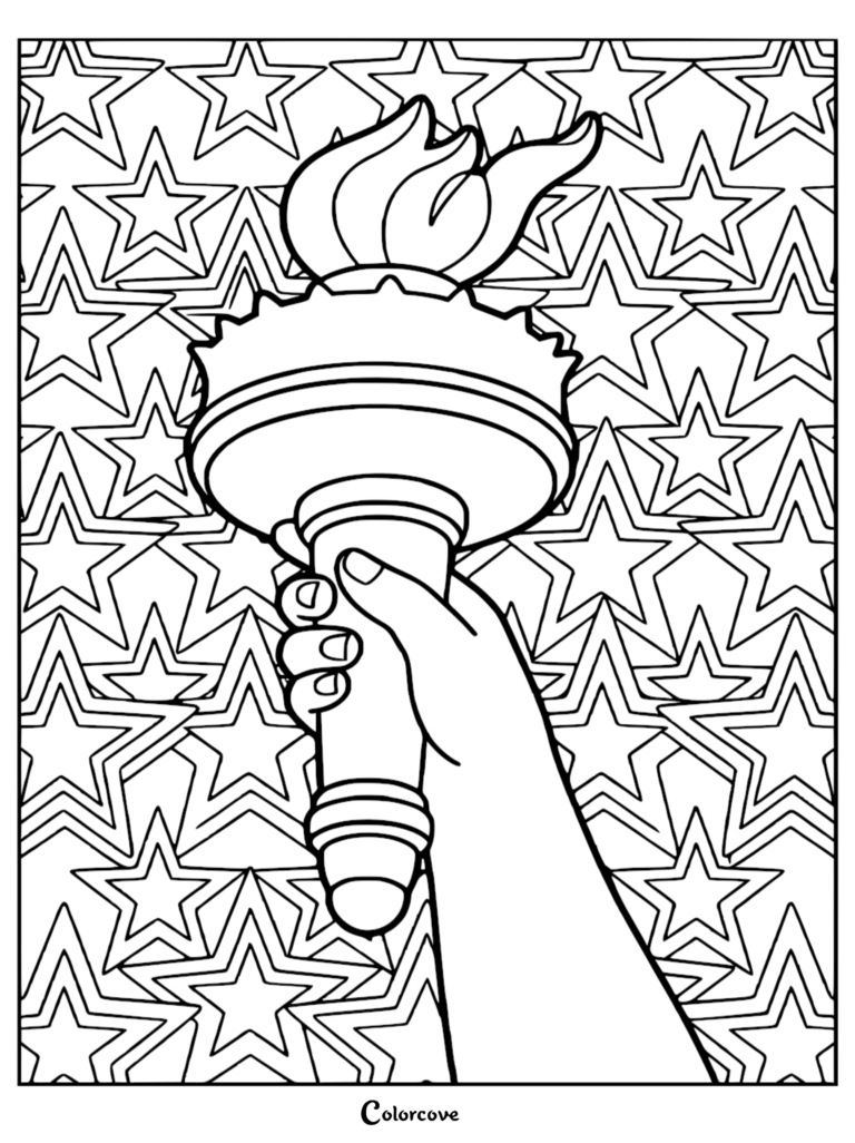 A hand holding the Statue of Liberty torch against a background of stars for a Memorial Day printable coloring page.