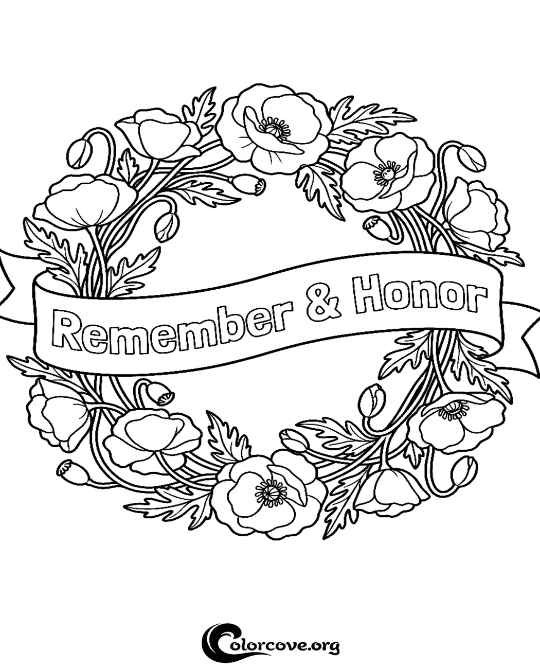 Honor those who served with this beautiful, printable poppy wreath coloring page featuring the words Remember and Honor. Perfect for patriotic holidays, this simple design is ready to print and color in seconds.