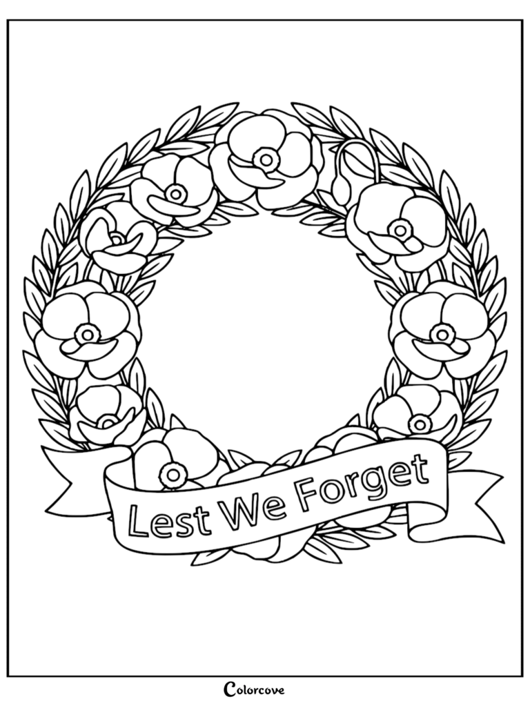A printable Memorial Day coloring page featuring a circular wreath of poppies with a banner that reads Lest We Forget.
