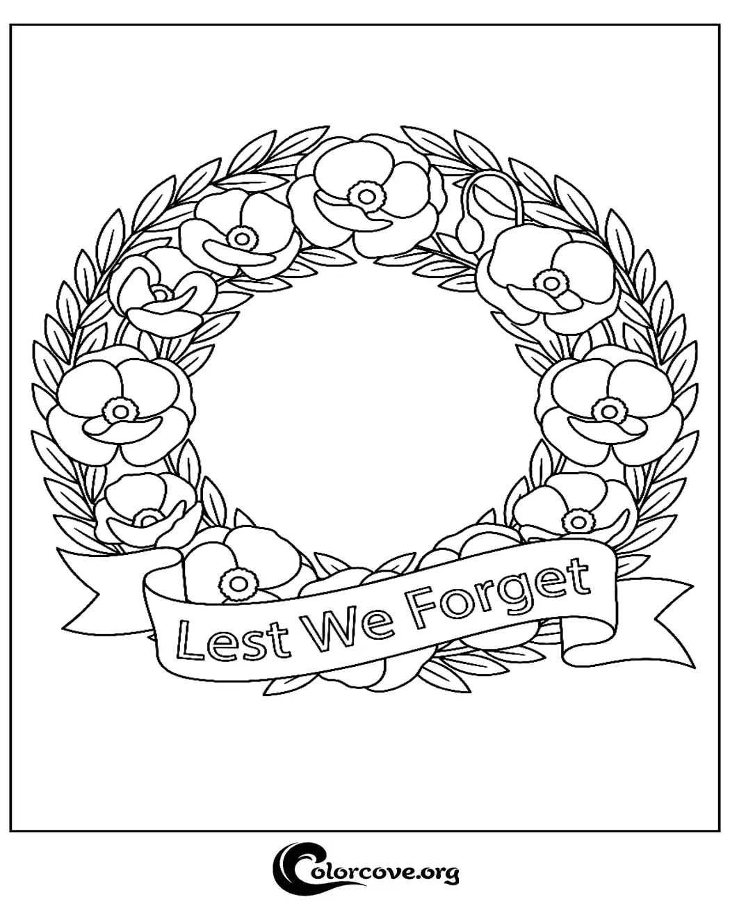 Honor those who served with this printable Lest We Forget poppy wreath coloring page. Perfect for classrooms, memorials, or quiet reflection, this free page is ready to print in seconds.