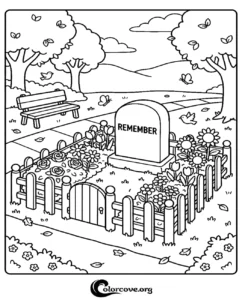 A printable coloring page featuring a memorial tombstone with the word REMEMBER inside a fenced-in garden with flowers, trees, and a park bench.