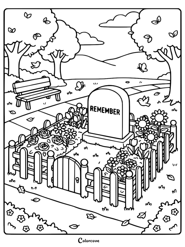 A Memorial Day coloring page featuring a tombstone inscribed with REMEMBER surrounded by a picket fence and flowers in a park setting.