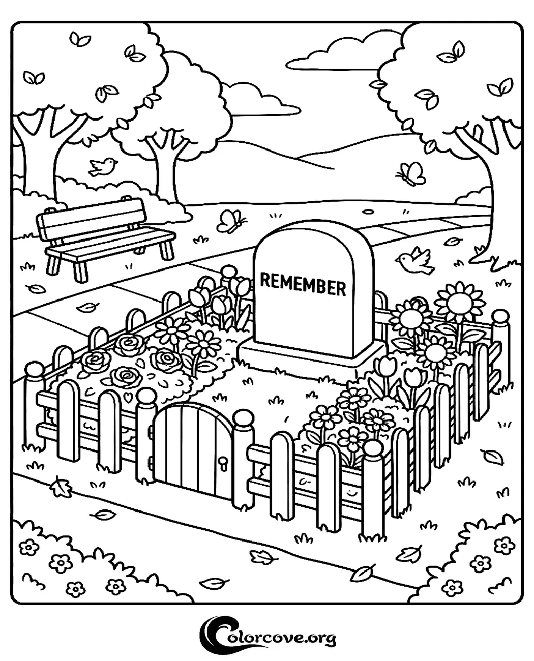 Honor loved ones with this peaceful memorial garden coloring page. Download and print this beautiful scene featuring a tombstone, blooming flowers, and a quiet park setting for free.