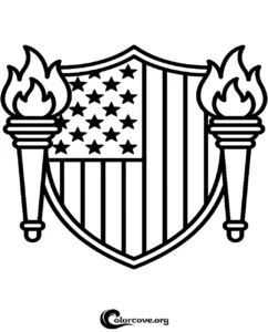 A detailed coloring page featuring an American flag shield flanked by two flaming torches, perfect for patriotic activities and classroom projects.