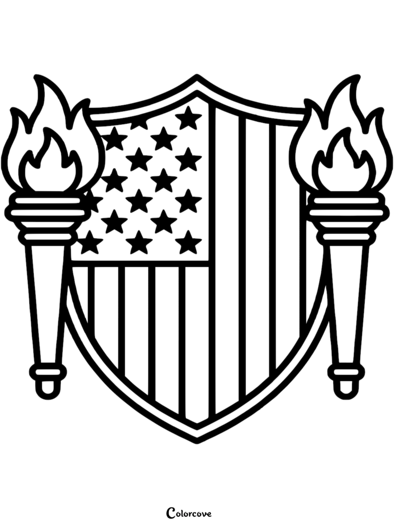 A patriotic Memorial Day coloring page featuring an American flag shield flanked by two flaming torches.