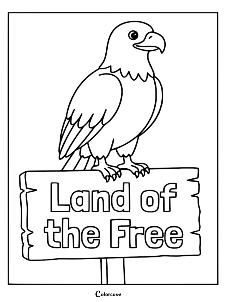 A bald eagle perched on a wooden sign that reads Land of the Free in this Memorial Day coloring page.
