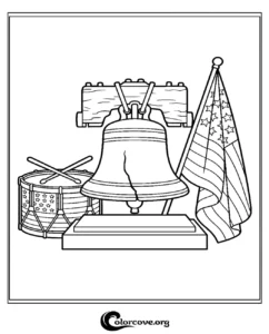 A printable patriotic coloring page featuring the Liberty Bell, an American flag, and a drum for Independence Day or historical lessons.