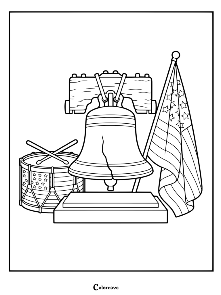 A patriotic Memorial Day coloring page featuring the Liberty Bell, a star-spangled drum with sticks, and an American flag.