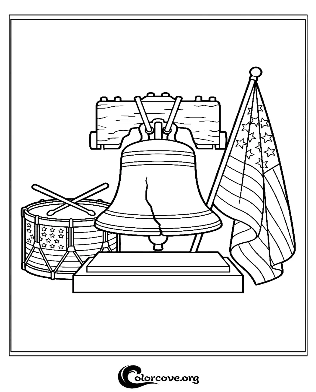 Celebrate American history with this free printable Liberty Bell coloring page. Featuring patriotic symbols like the U.S. flag and a drum, it's a perfect activity for kids learning about Independence Day.