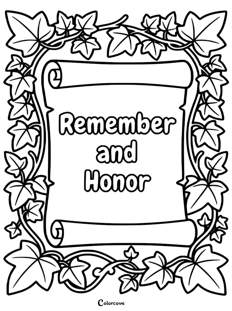 A Memorial Day coloring page featuring a central scroll with the text Remember and Honor surrounded by an intricate ivy leaf border.