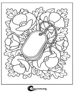 A detailed coloring page featuring military dog tags resting on a background of remembrance poppies and oak leaves, perfect for Veterans Day or Memorial Day activities.