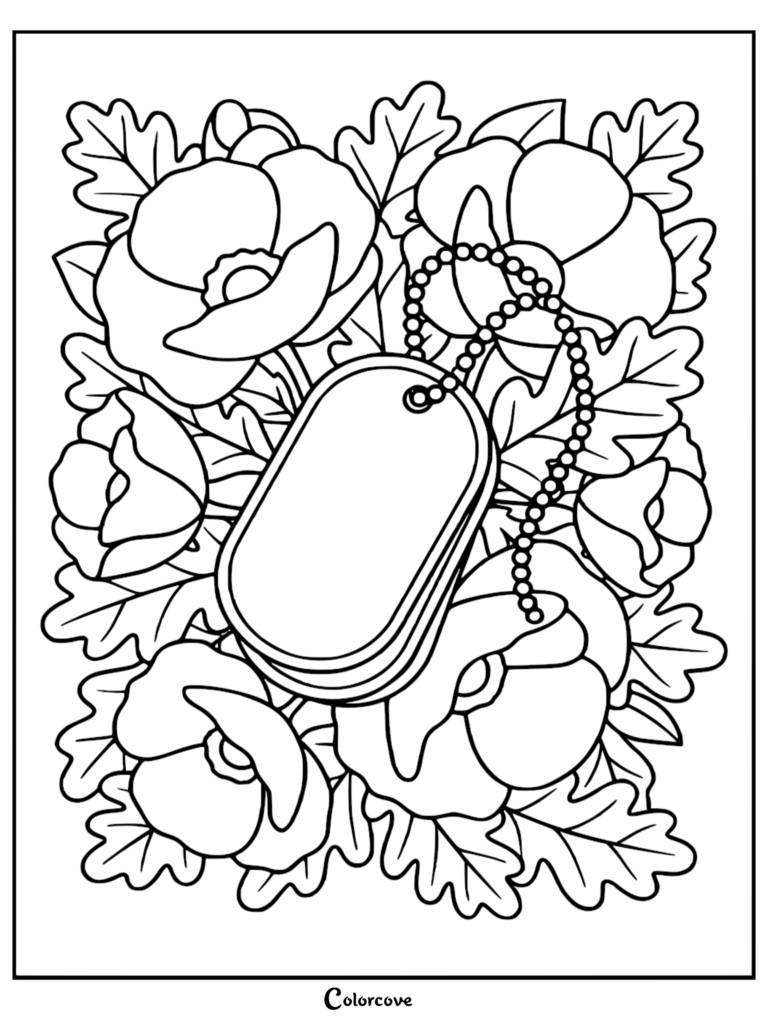 A Memorial Day coloring page featuring military dog tags resting among a cluster of blooming poppy flowers and leaves.