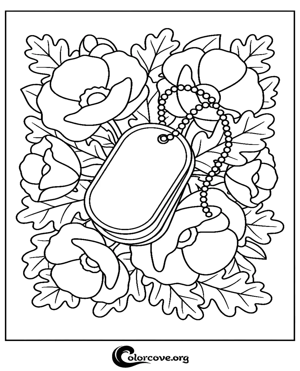Honor those who served with this respectful military dog tag and poppy floral coloring page. It is free to download and ready to print for patriotic crafts and commemorative art projects.
