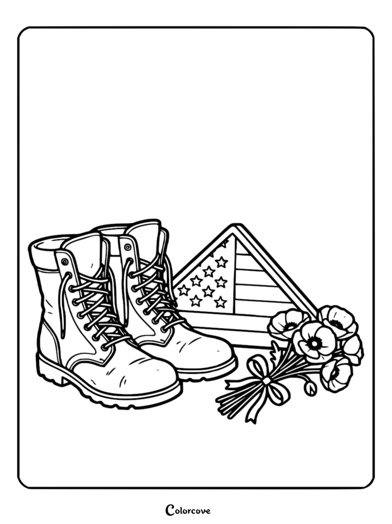 A Memorial Day coloring page featuring a pair of military combat boots, a folded American flag, and a bouquet of remembrance poppies.