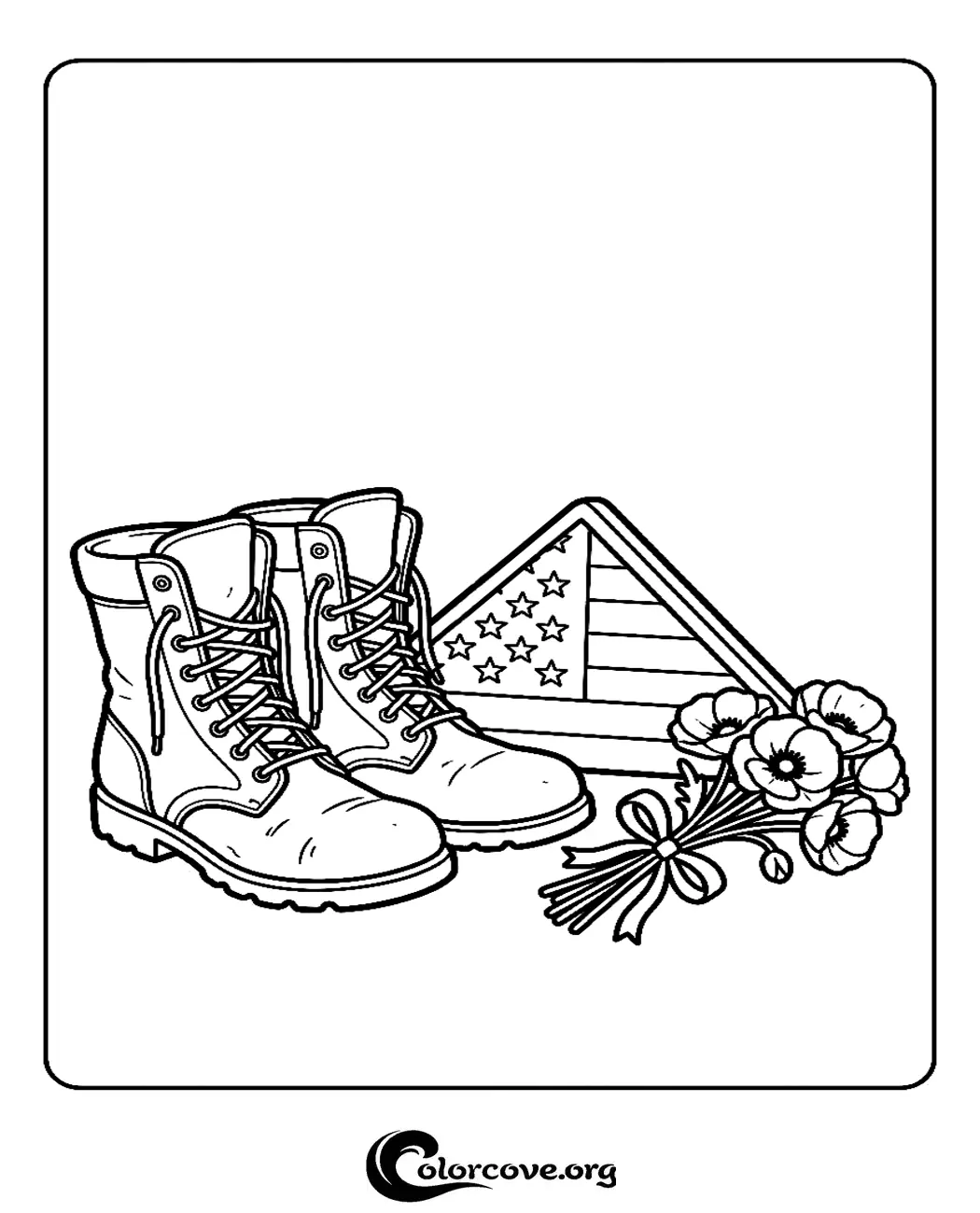 Honor our brave heroes with this meaningful Memorial Day coloring page featuring military boots, a folded flag, and poppies. Download and print this patriotic tribute for free in seconds.