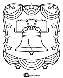 A printable Liberty Bell coloring page for kids surrounded by patriotic stars and bunting decorations.