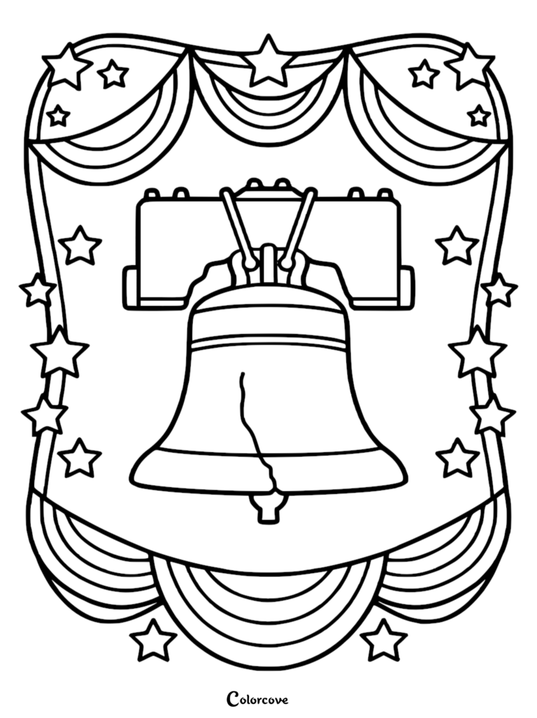 A printable Memorial Day coloring page featuring the Liberty Bell surrounded by patriotic stars and draped bunting.