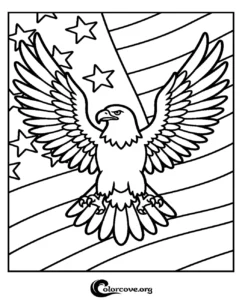 A majestic American bald eagle with spread wings in front of a US flag background, perfect for patriotic coloring pages.