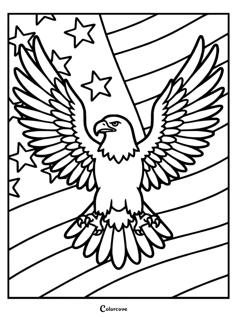 A majestic bald eagle with wings spread wide in front of an American flag background on a printable coloring page.