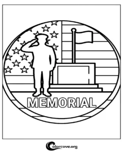 A printable Memorial Day coloring page featuring a soldier saluting in front of an American flag and a monument.