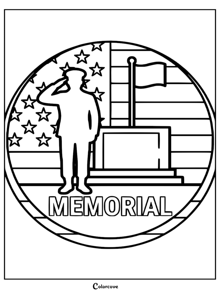A soldier saluting in front of an American flag and memorial monument on this Memorial Day coloring page.