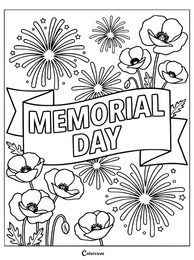 Memorial Day coloring page featuring a central banner with text surrounded by blooming poppies and festive firework bursts.