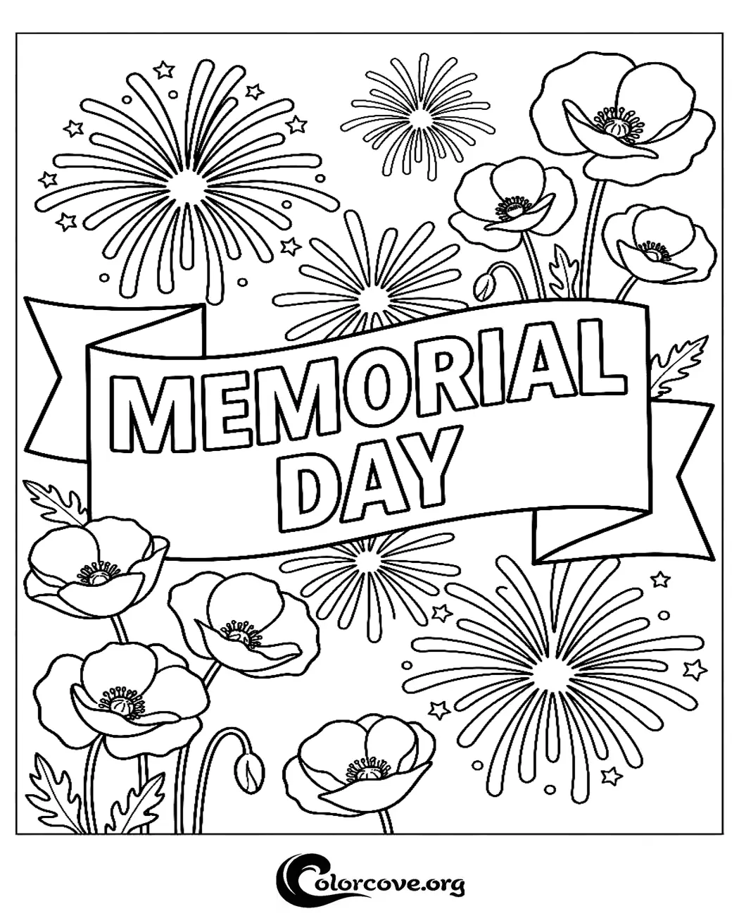 Celebrate and honor those who served with this beautiful Memorial Day coloring page. It features patriotic fireworks and iconic remembrance poppies, perfect for a quick, printable holiday activity.
