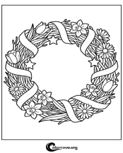 A beautiful spring wreath coloring page featuring daffodils, daisies, tulips, and ribbons for kids and adults to print and color.
