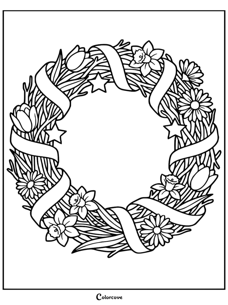 A Memorial Day coloring page featuring a decorative wreath made of spring flowers, ribbons, and stars.