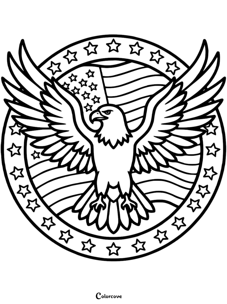 A bald eagle with wings spread wide in front of an American flag inside a star-bordered circle on this Memorial Day coloring page.
