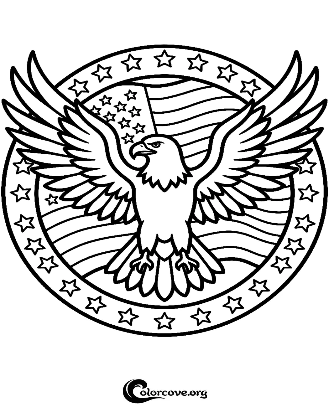 Celebrate American pride with this detailed bald eagle coloring page featuring an iconic US flag and star design. Download and print this patriotic coloring sheet for free in seconds.