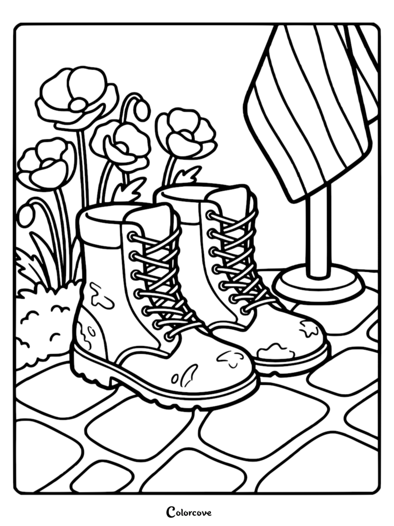 A Memorial Day coloring page featuring a pair of military boots, blooming poppies, and an American flag on a cobblestone path.