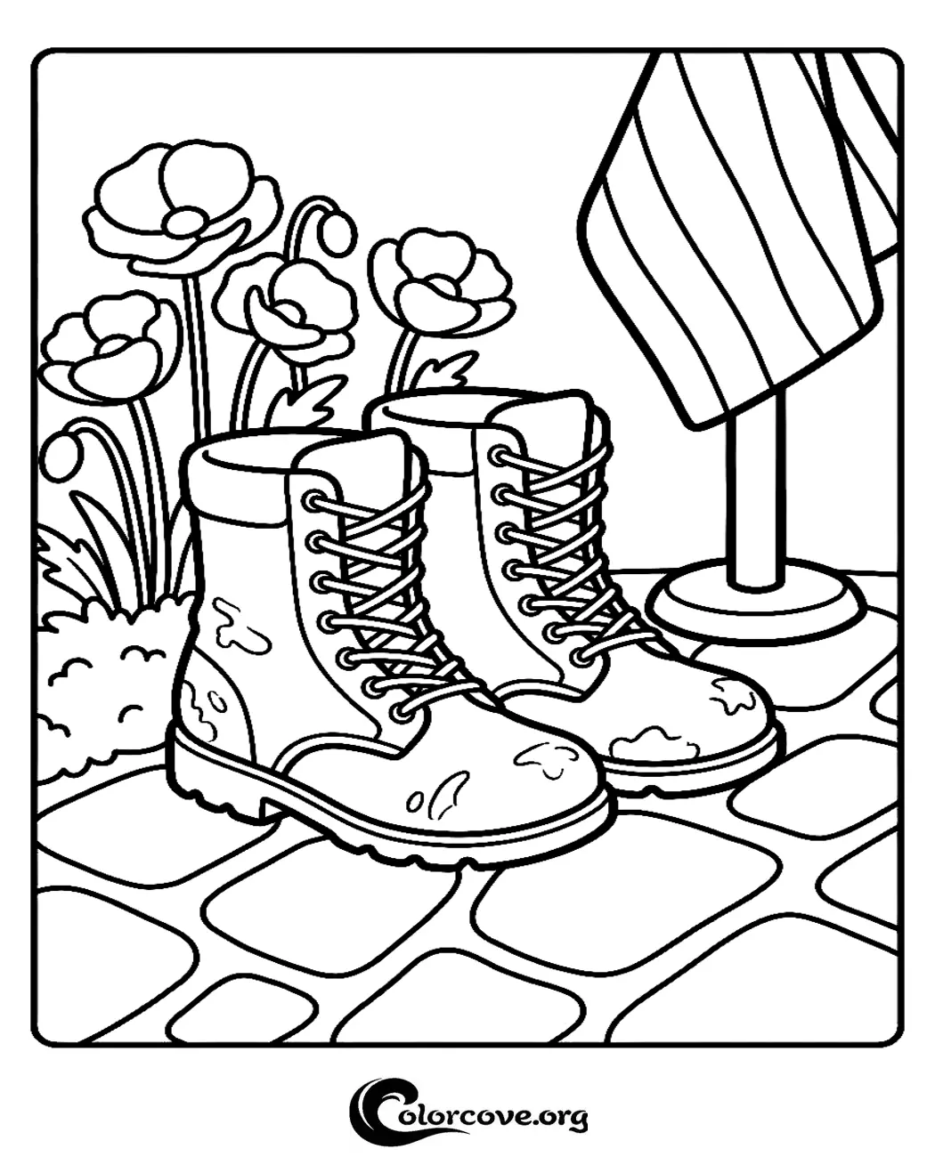 Download and print this relaxing garden scene featuring a pair of dirty boots and beautiful poppy flowers. It is the perfect free coloring activity for kids and adults who love nature and gardening.