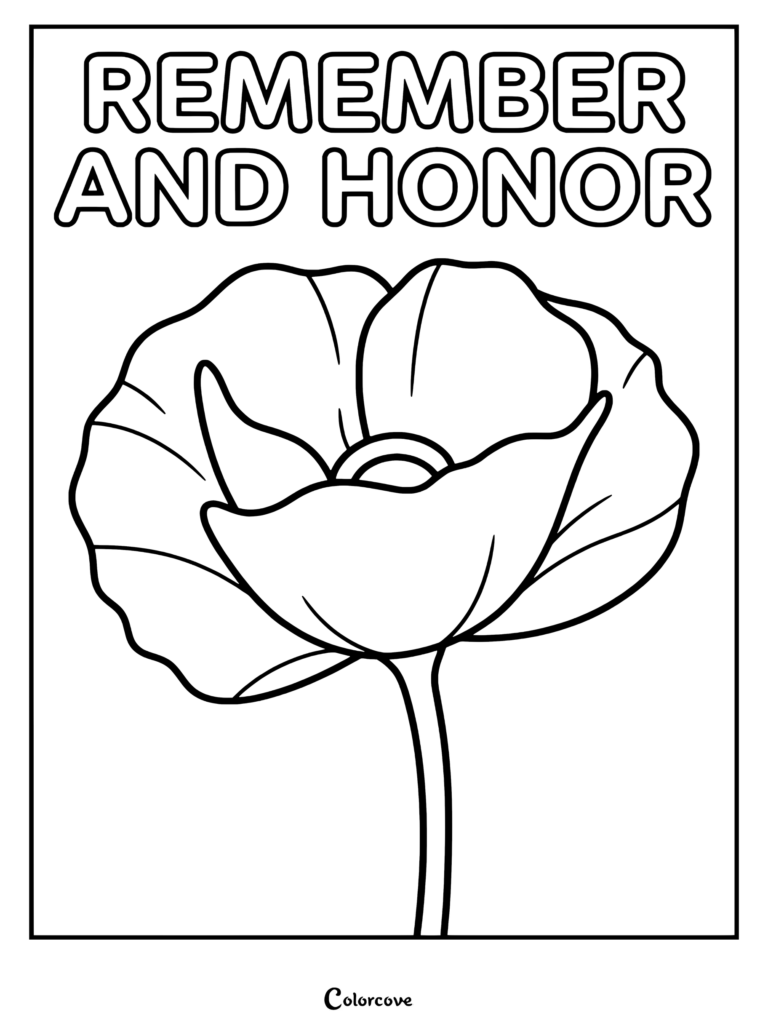A Memorial Day coloring page featuring a large poppy flower with the text Remember and Honor above it.