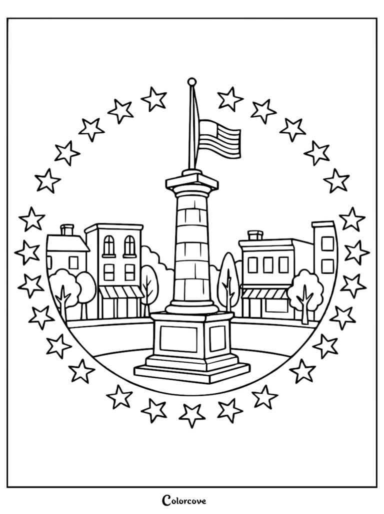 Memorial Day coloring page featuring a town square monument with an American flag surrounded by a circle of stars and small town buildings.