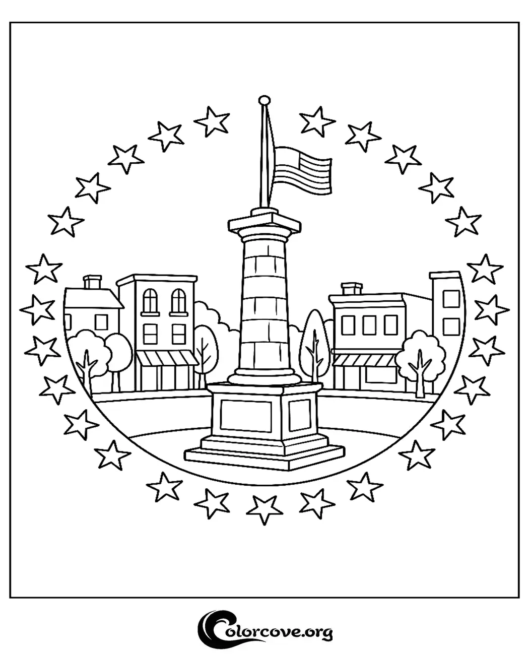 Celebrate American pride with this charming town square coloring page. It features a central flagpole with the US flag, framed by stars and classic small-town buildings for a relaxing patriotic coloring activity.