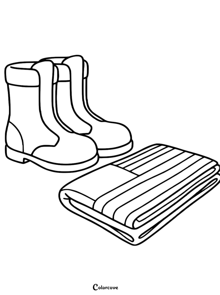 A printable Memorial Day coloring page featuring a pair of military combat boots next to a neatly folded American flag.