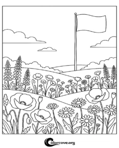 A detailed coloring page of a rolling meadow filled with poppies and daisies with a flag waving in the background.