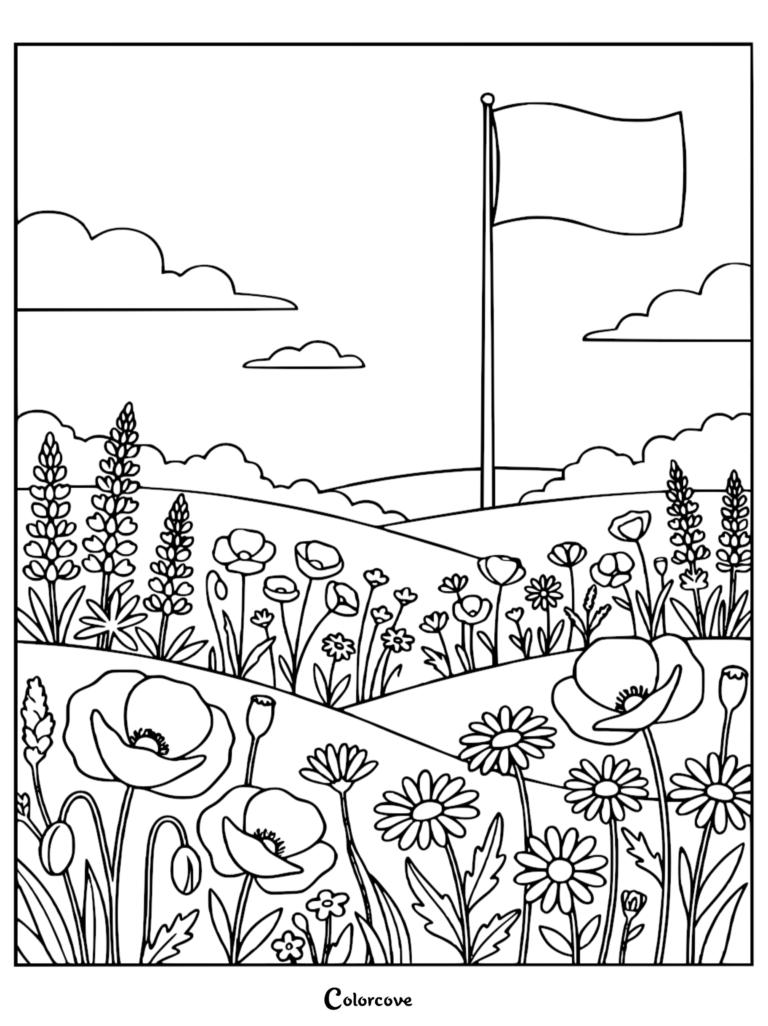 A Memorial Day coloring page featuring a field of poppies and lupines under a flagpole with a blank flag.