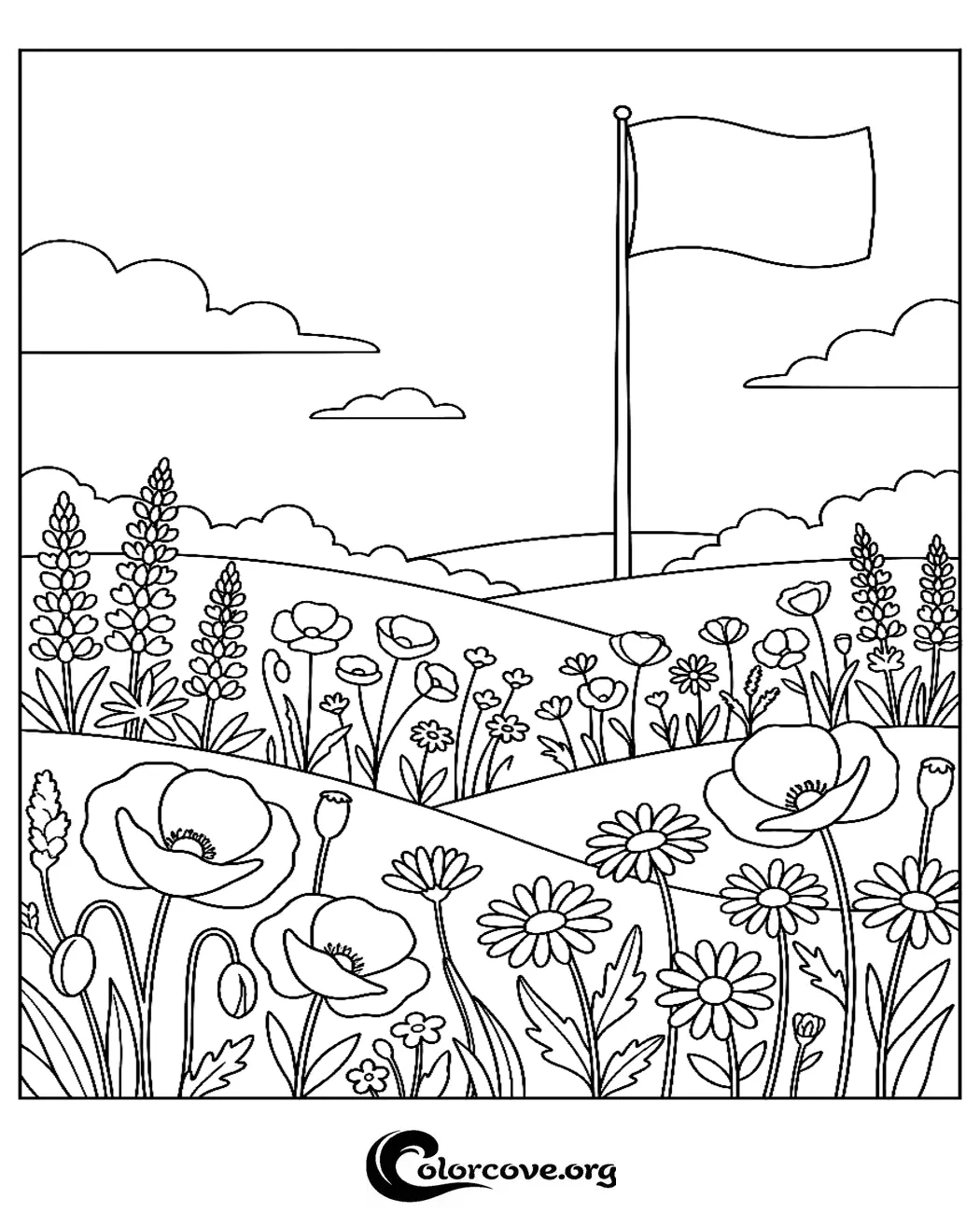 Bring this serene meadow scene to life with your favorite colors. This printable flower coloring page features rolling hills, blooming wildflowers, and a flag blowing in the breeze, perfect for nature lovers of all ages.