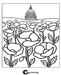 A printable coloring page featuring a field of beautiful poppies with the US Capitol building in the background, perfect for patriotic or nature-themed coloring activities.