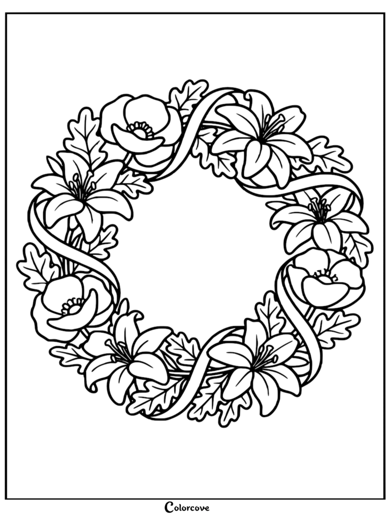 Memorial Day floral wreath coloring page featuring lilies and poppies intertwined with a flowing ribbon.