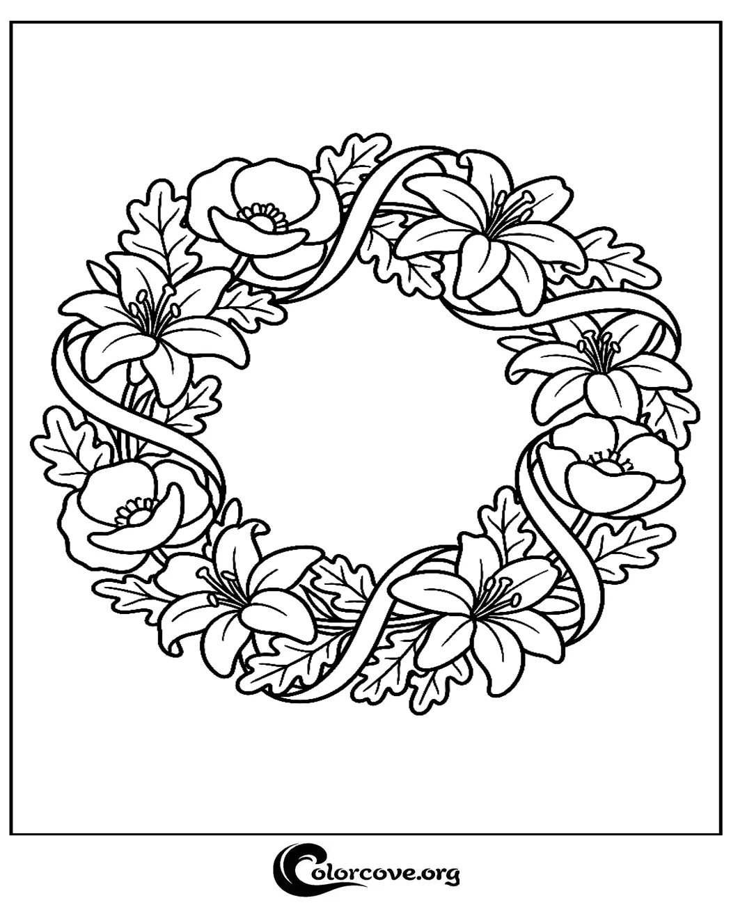 Unwind with this beautiful floral wreath coloring page featuring intricate flowers and leaves. Download and print this relaxing botanical art piece for free in seconds.