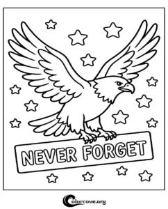 A patriotic Never Forget coloring page featuring a bald eagle soaring above a banner with stars in the background for kids and adults.