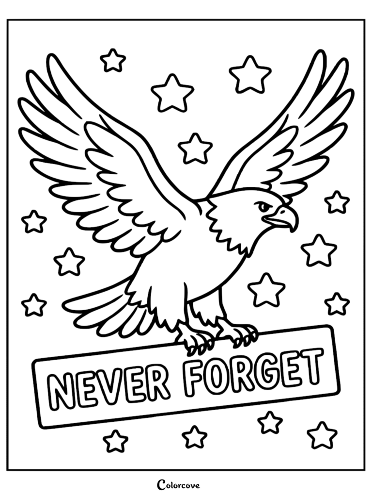 A bald eagle with wings spread wide holding a sign that says Never Forget surrounded by stars in this printable coloring page.
