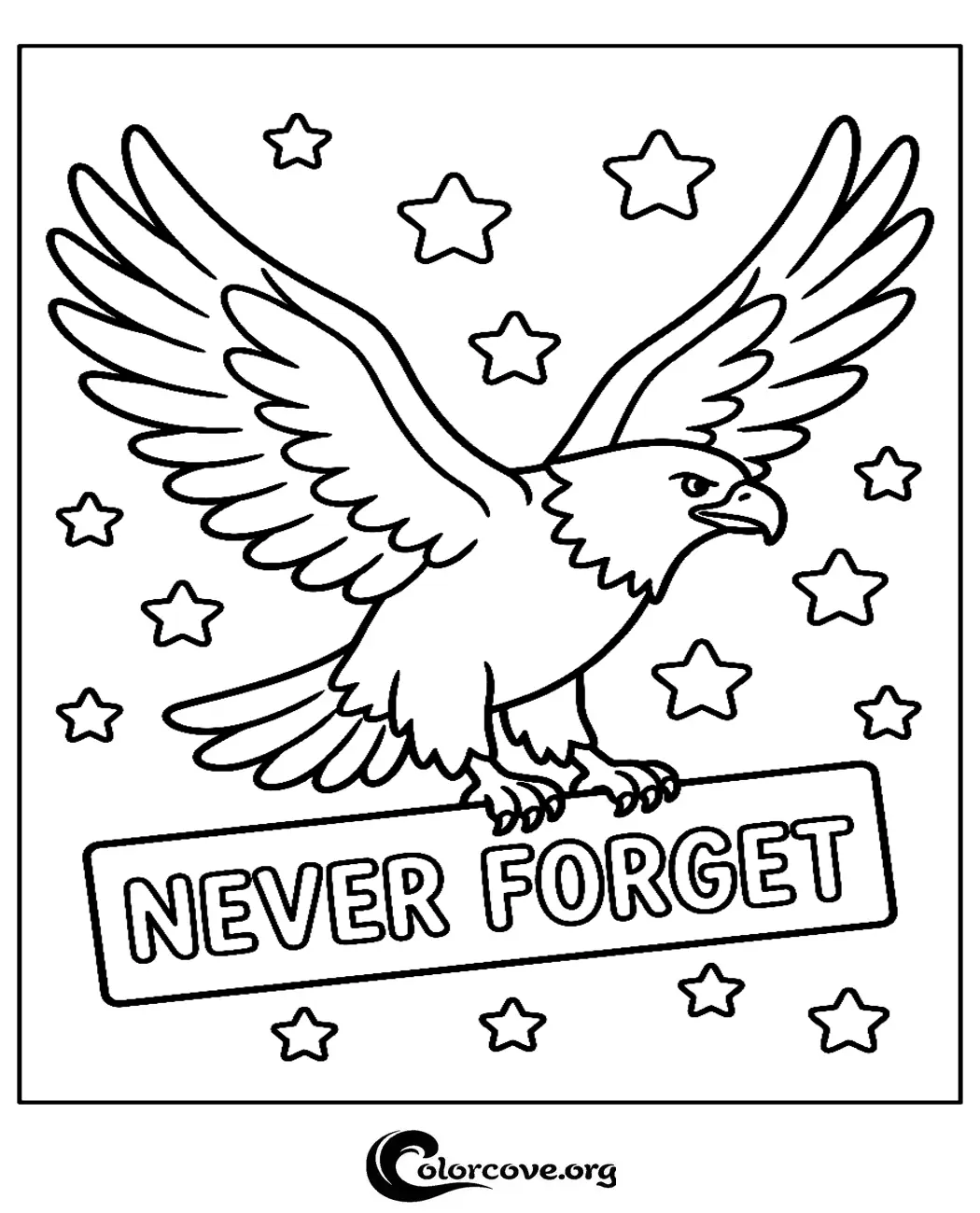 Honor and remember with this beautifully detailed Never Forget eagle coloring page. Download and print this patriotic tribute for free to color at home or in the classroom.