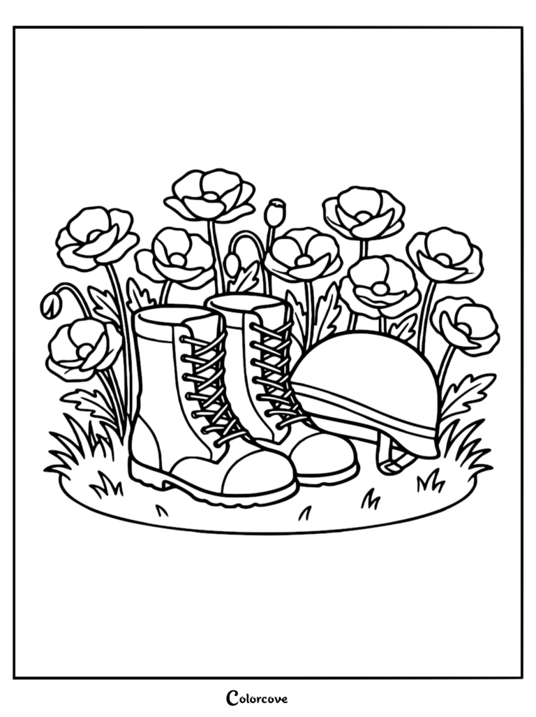 Memorial Day coloring page featuring a pair of military boots and a helmet resting in a field of blooming poppies.